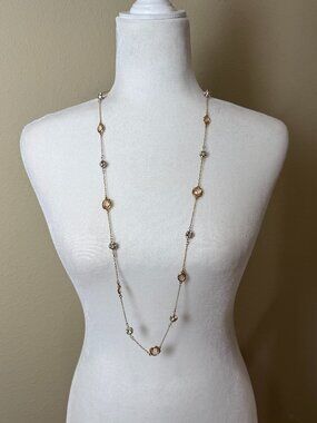 Stella & Dot Gold Tone Crystal & Pink / Neutral Stone Long Station Necklace